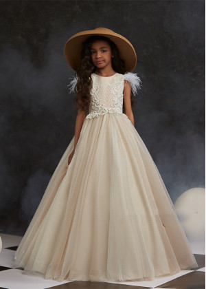 Feather Sleeves Beaded Lace Sparkle Tulle Flower Girl Dress